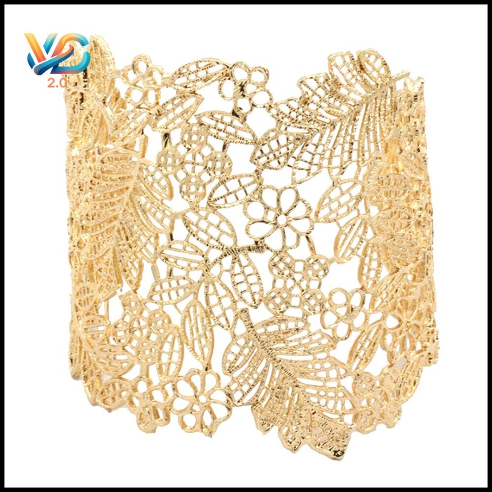 Vintage Filigree Metal Cuff Bracelet Elegant Lace Hollow Statement Bangle